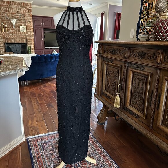 Vintage Stenay Black Silk Beaded Halter Cocktail Gown Sz 8 - Picture 1 of 10